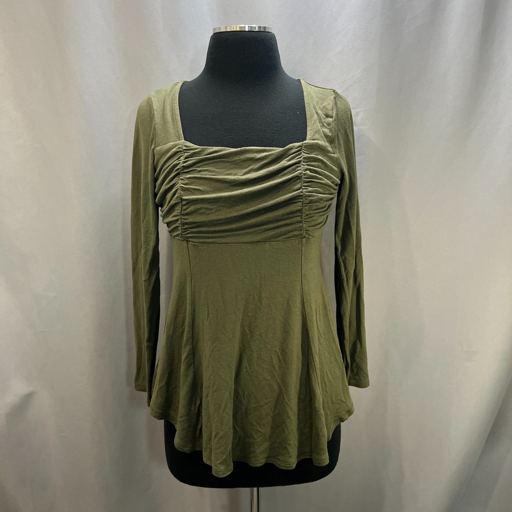 Venus Tunic Blouse Top Women Small Olive Green Ruched Bodice Stretch Square Neck